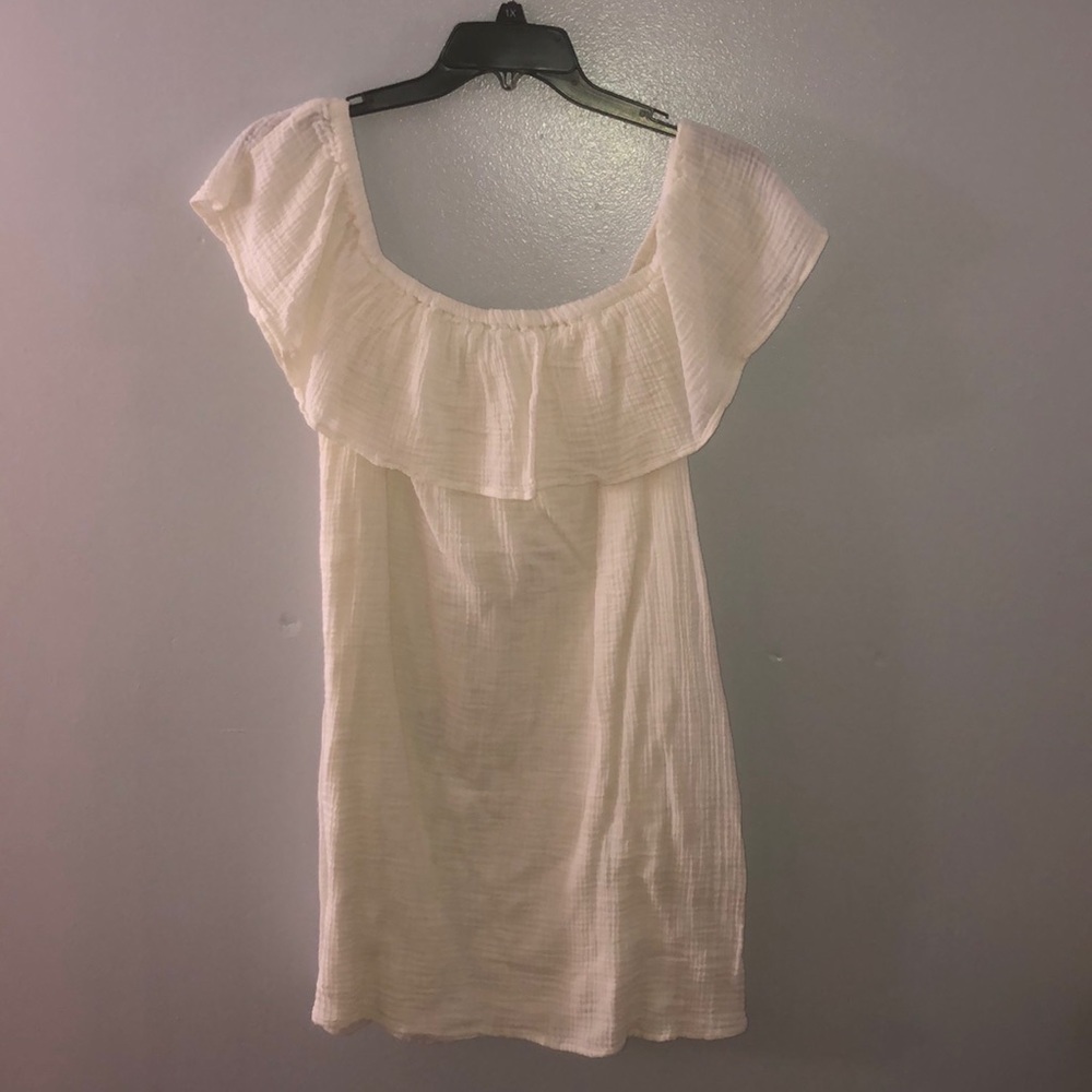 Off the shoulder dress.